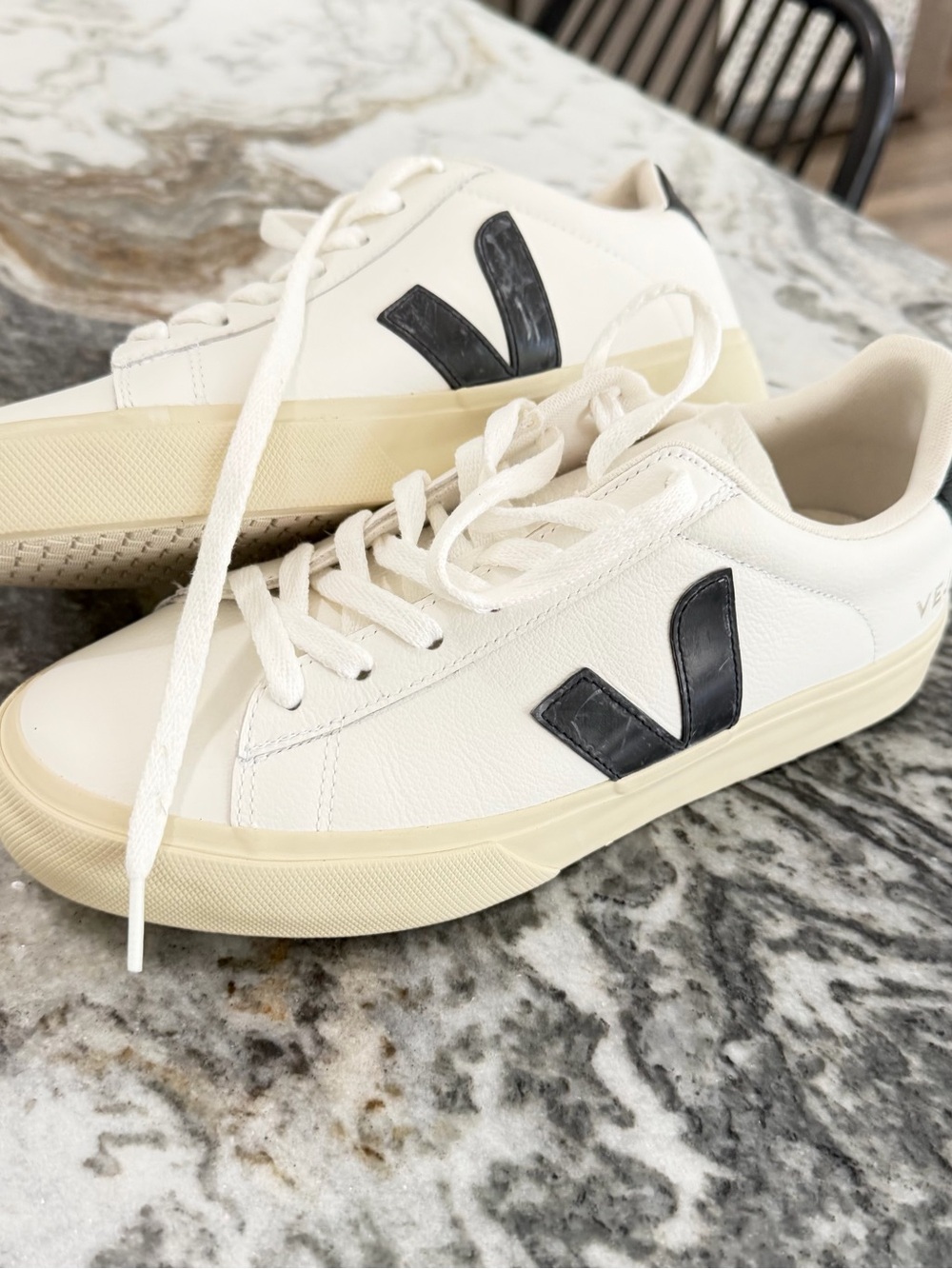 White Leather Low-Top Sneakers with Black V Accent